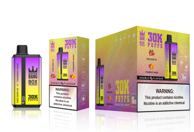 Vape 9000 Puffs - Bang Box 30000 de pufuri cu arome duble gheață cu trei fructe de pădure și mango cu căpșuni R8PF467