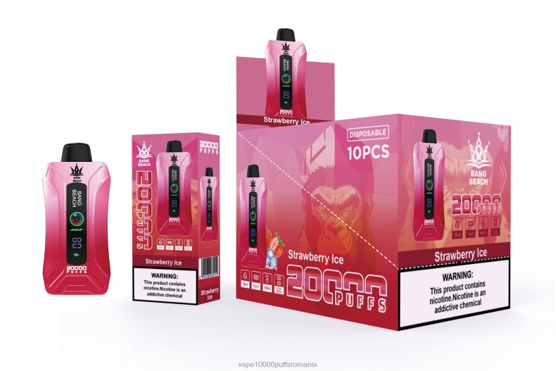 Vape Romania - Bang Beach 20.000 de pufuri de vaporizare cu ecran inteligent gheata de capsuni R8PF46